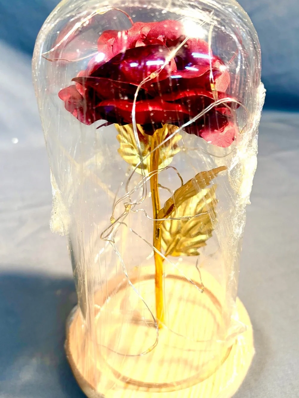 LED Gold Stem Red Rose Dome - Decorative Home Accent